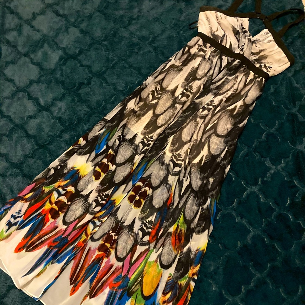 Feathered Bebe Maxi Dress with cross strap bodice